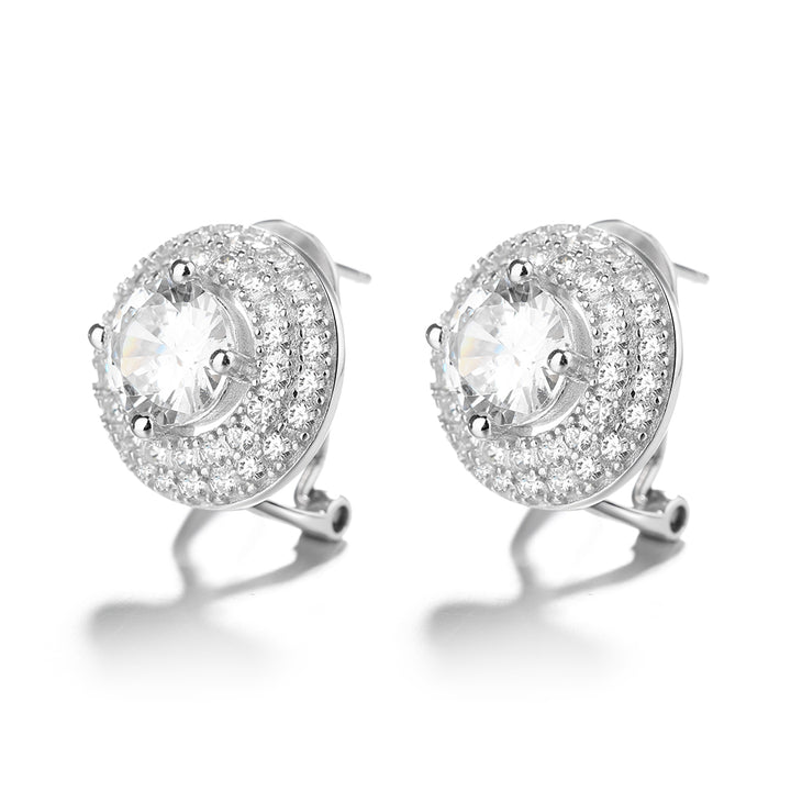 Sterling Silver Double Halo Omega Stud Earrings With Swarovski