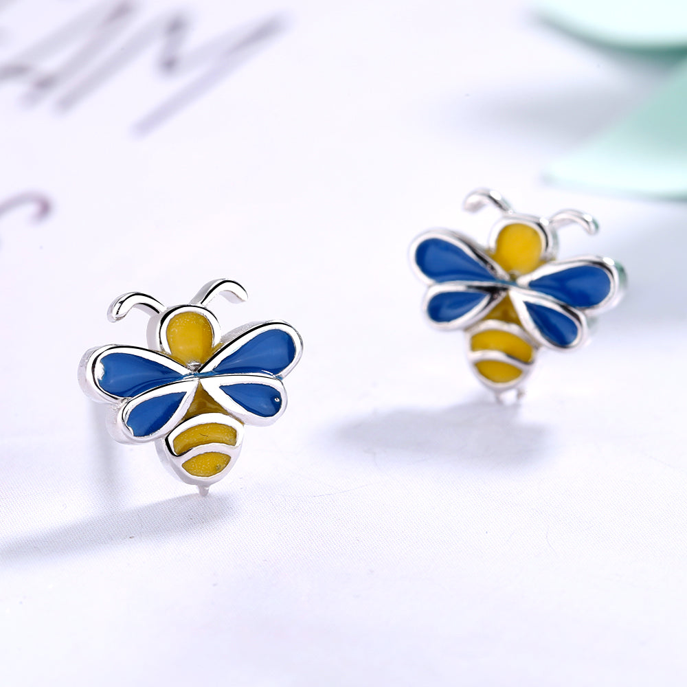 Sterling Silver Yellow and Blue Bee Studs