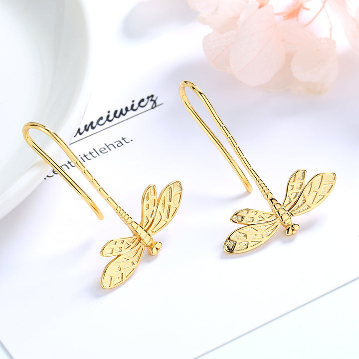 14K Gold Dangle Dragonfly Earrings