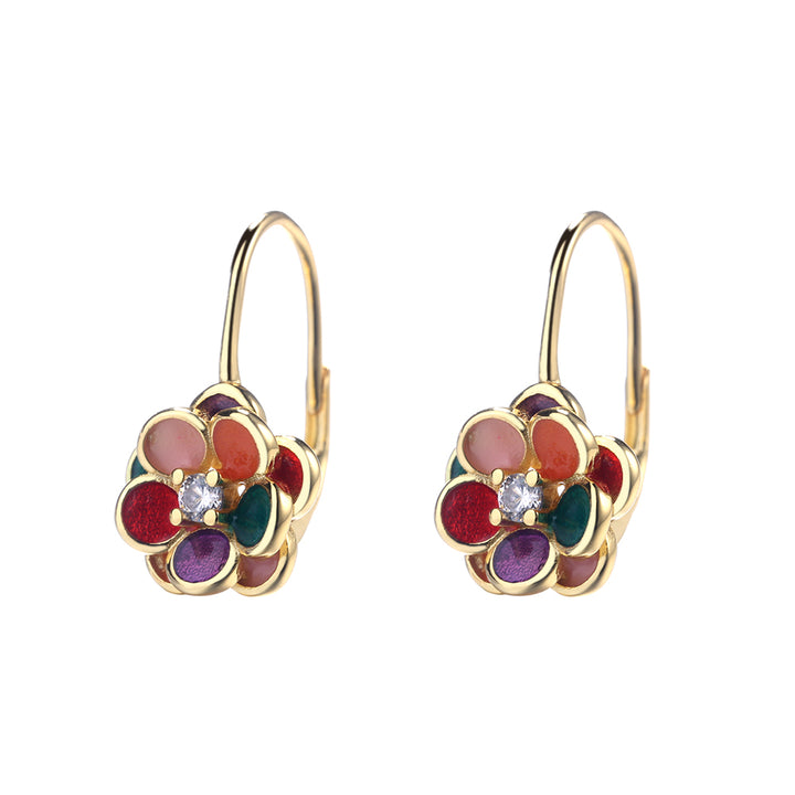 14K Gold and Genuine Crystal Floral Leverback Earrings