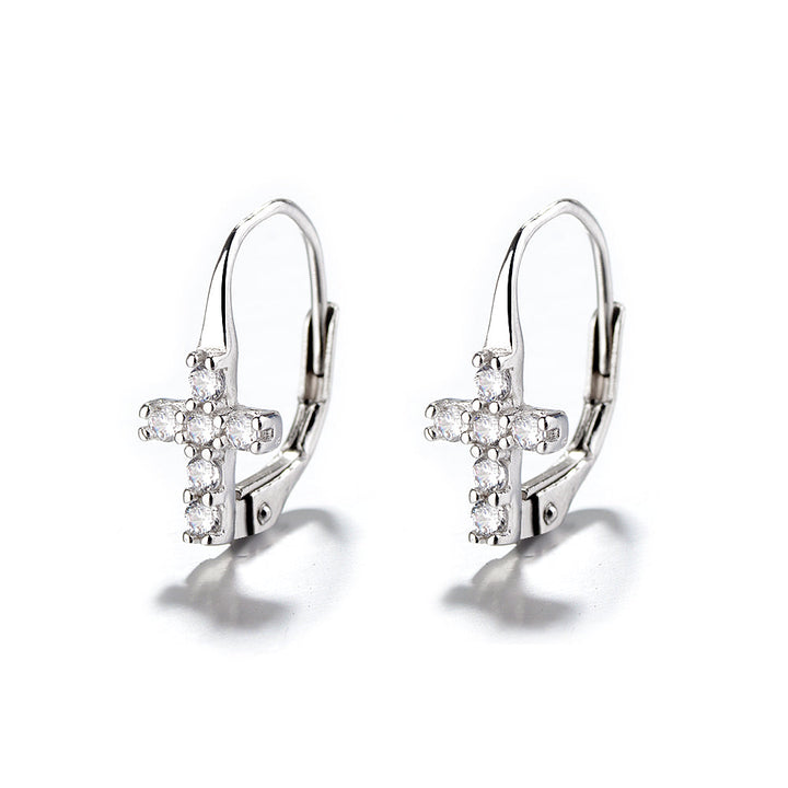 18K white Gold Crystal Cross Omega Lever back Earrings