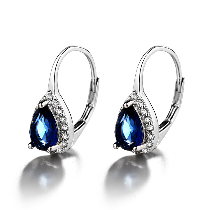 Sterling Silver Sapphire Water Drop Omega Lever-back Halo Earring