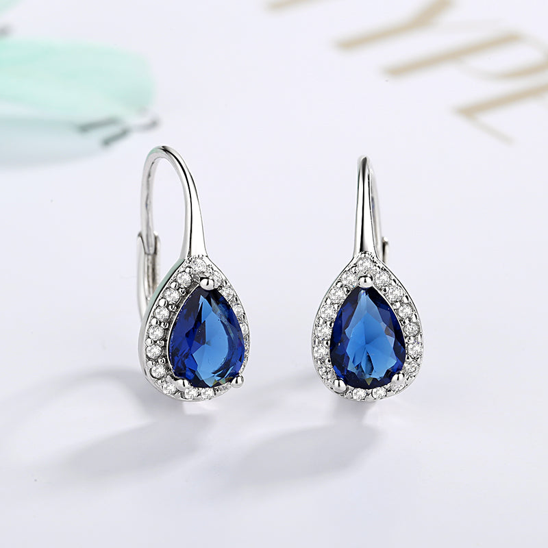 Sterling Silver Sapphire Water Drop Omega Lever-back Halo Earring