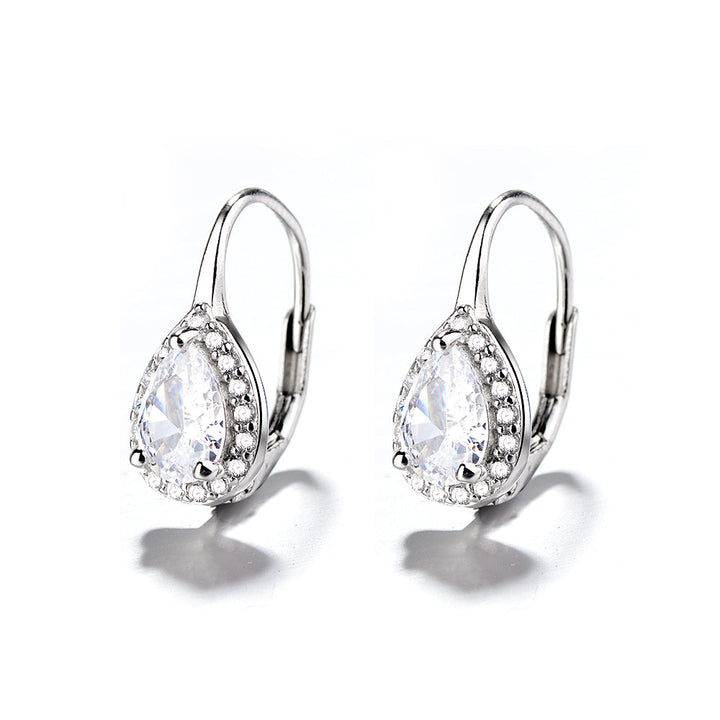 Sterling Silver Pear Omega Lever-back Halo Earring