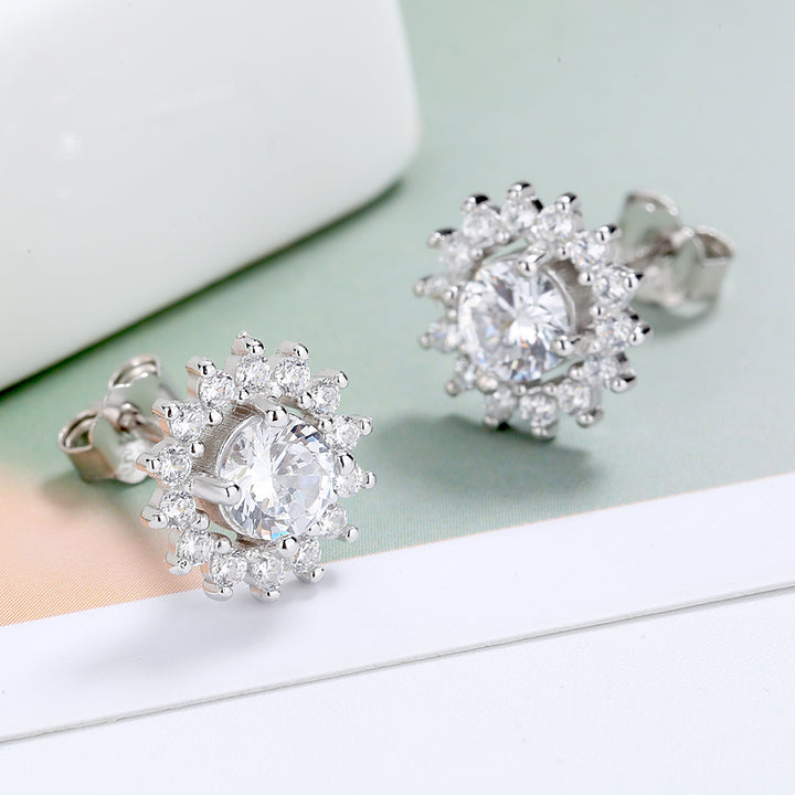 Swarovski Crystal Sterling Silver Halo Flower Stud Earrings