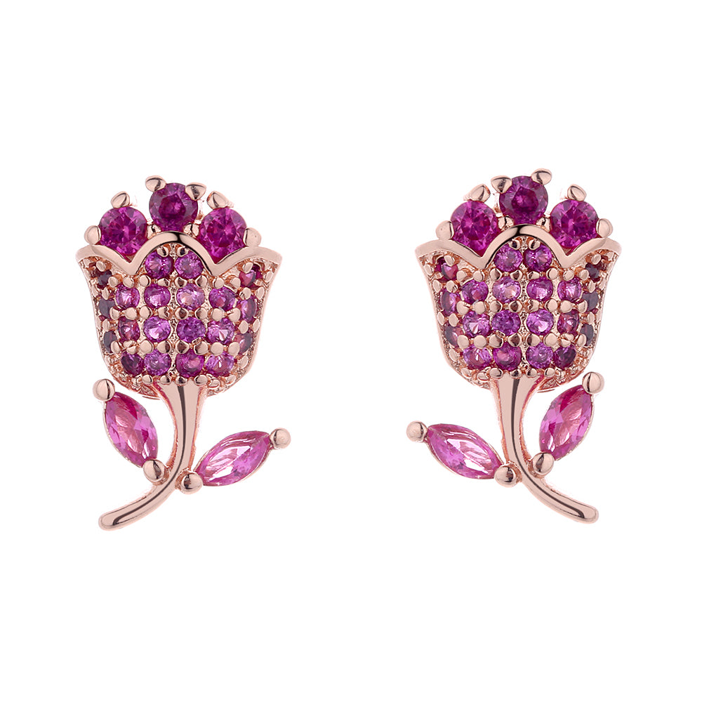 14K Rose Gold Fuchsia Rose Stud Earrings With Swarovski Crystals