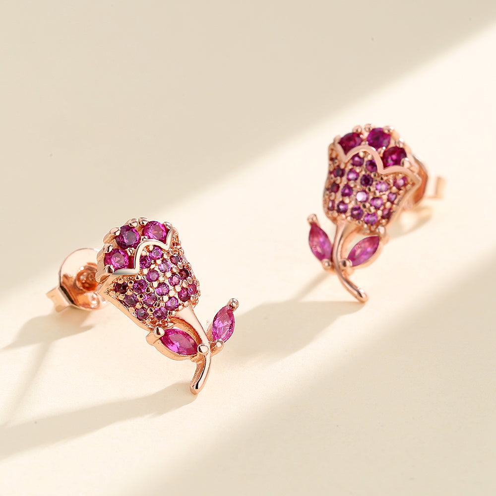 14K Rose Gold Fuchsia Rose Stud Earrings With Swarovski Crystals