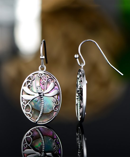 Abalone Pearl Dragonfly Round Hook Drop Earrings