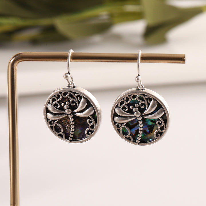 Abalone Pearl Dragonfly Round Hook Drop Earrings