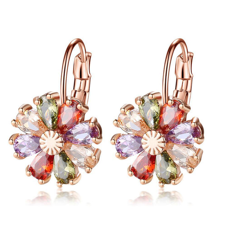Multi-Color Flower Drop Leverback Earrings with Swarovski Crystals