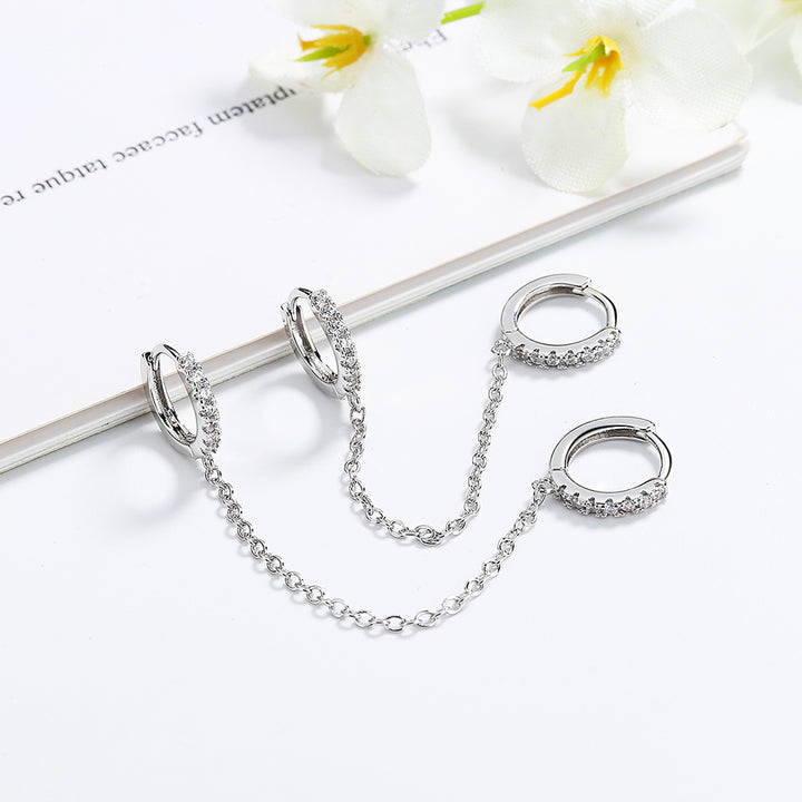 Sterling Silver Double Huggie Chain Earrings with Swarovski Crystals