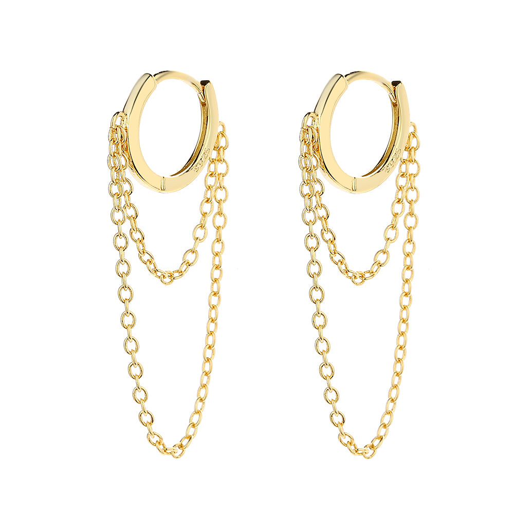 14k Gold Plated Huggie Hoop Double Chain Earring
