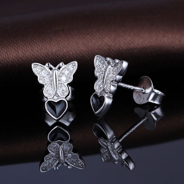 Sterling Silver Butterfly Earrings with Genuine Crystals & Black Onyx