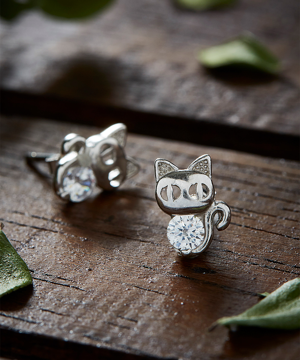 Sterling Silver Crystal Cat Earrings