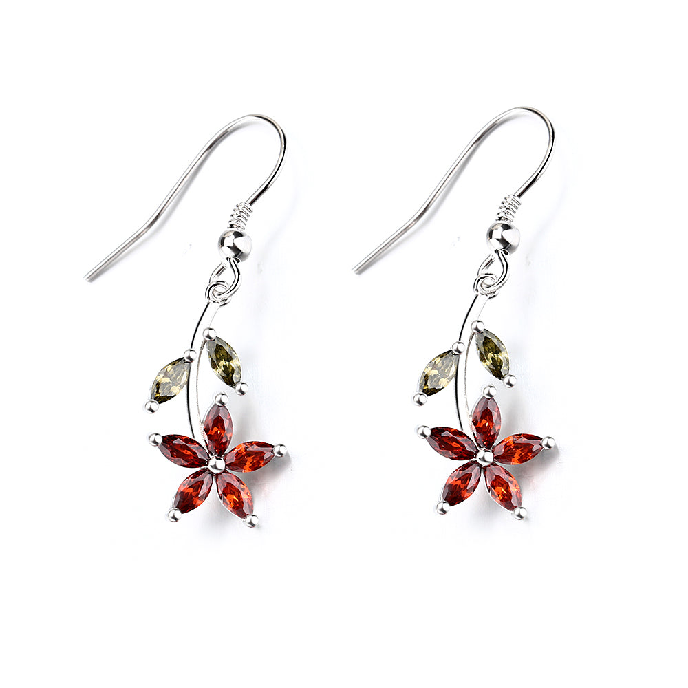 Sterling Silver Garnet and Peridot Floral Drop Earrings