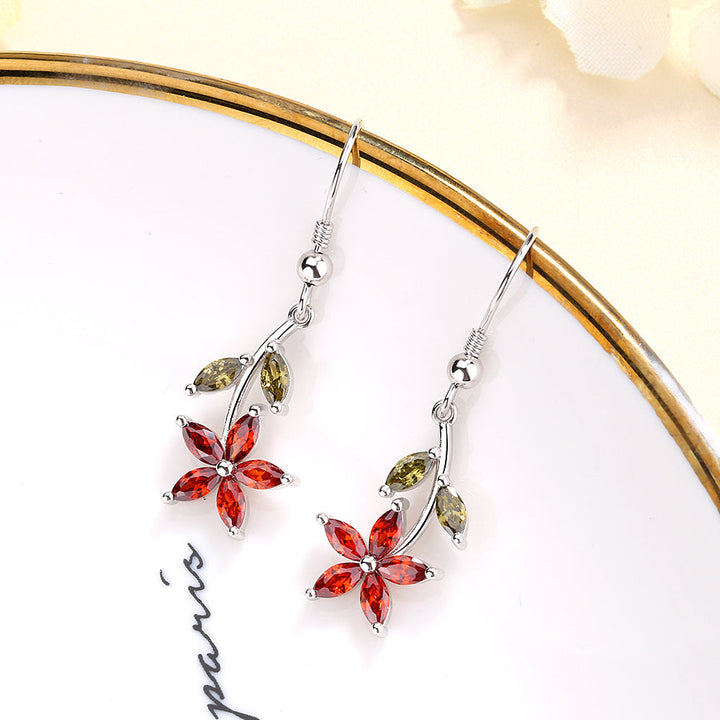 Sterling Silver Garnet and Peridot Floral Drop Earrings