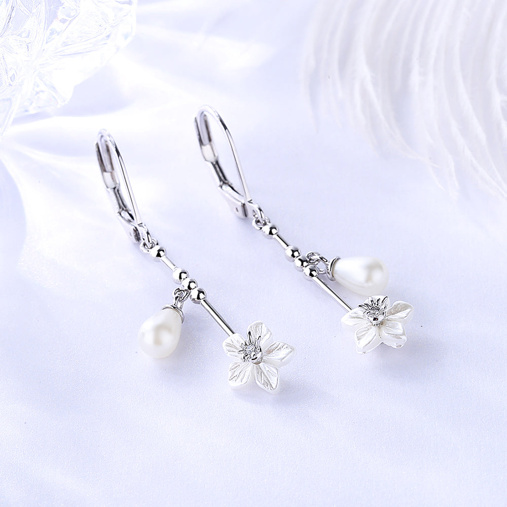 Cultured Pearl & Sterling Silver Floral Leverback Drop Earrings