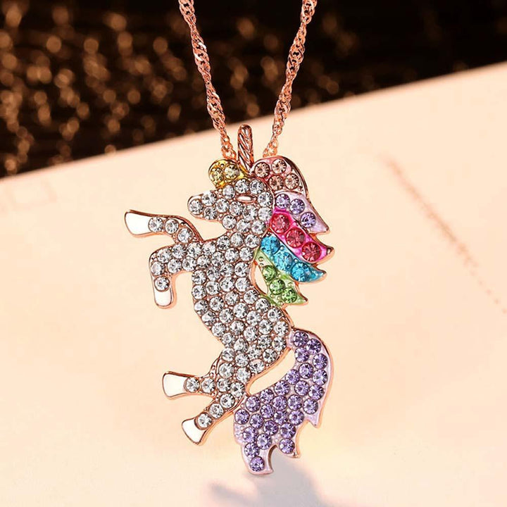 Multi-Colored Crystal Unicorn Pendant & Necklace