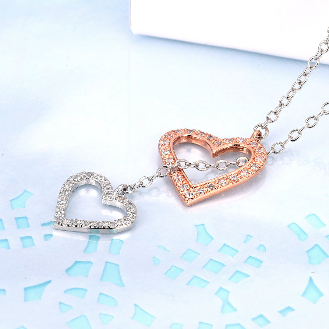 Cubic Zirconia & 14K Rose Gold Double Heart Lariat Necklace