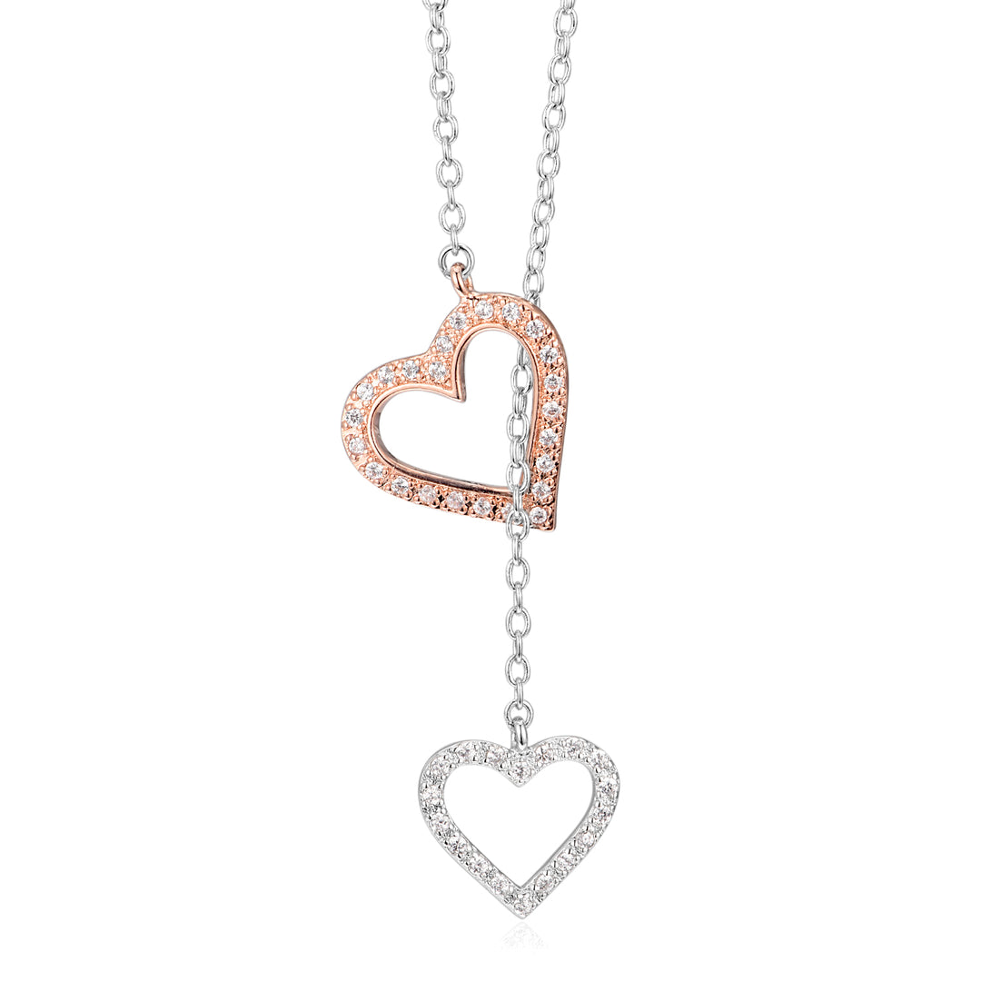 Cubic Zirconia & 14K Rose Gold Double Heart Lariat Necklace