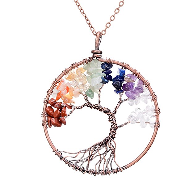Handmade Genuine Gemstone Chakra Tree of Life Pendant Necklace