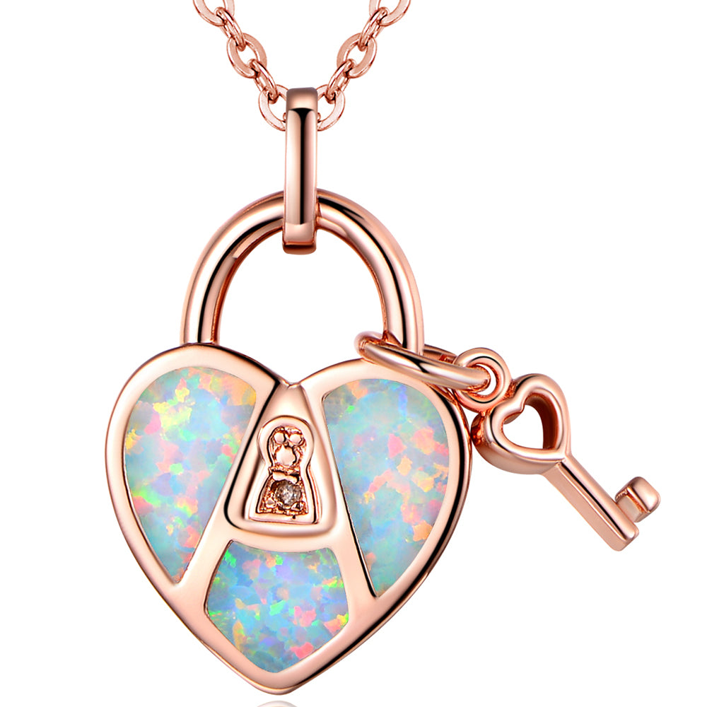 18K Rose Gold Genuine Opal Heart and Key Pendant Necklace