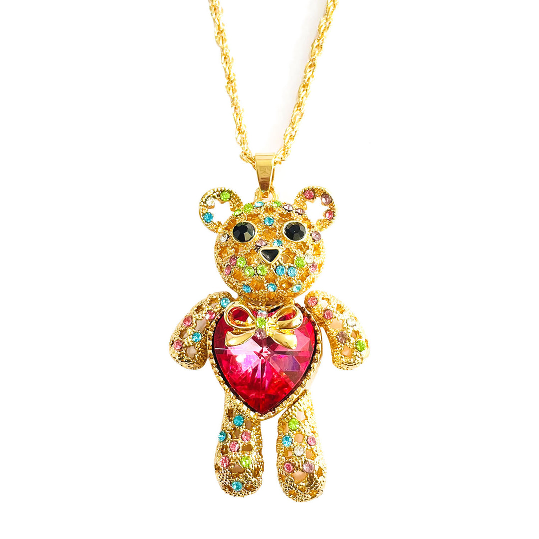 Gold Plated Bear with Heart Pendant Necklace with Swarovski crystals