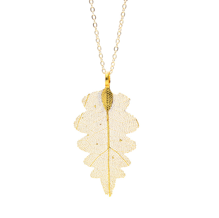 24" Handmade Natural Oak Leaf Pendant Necklace in White Gold