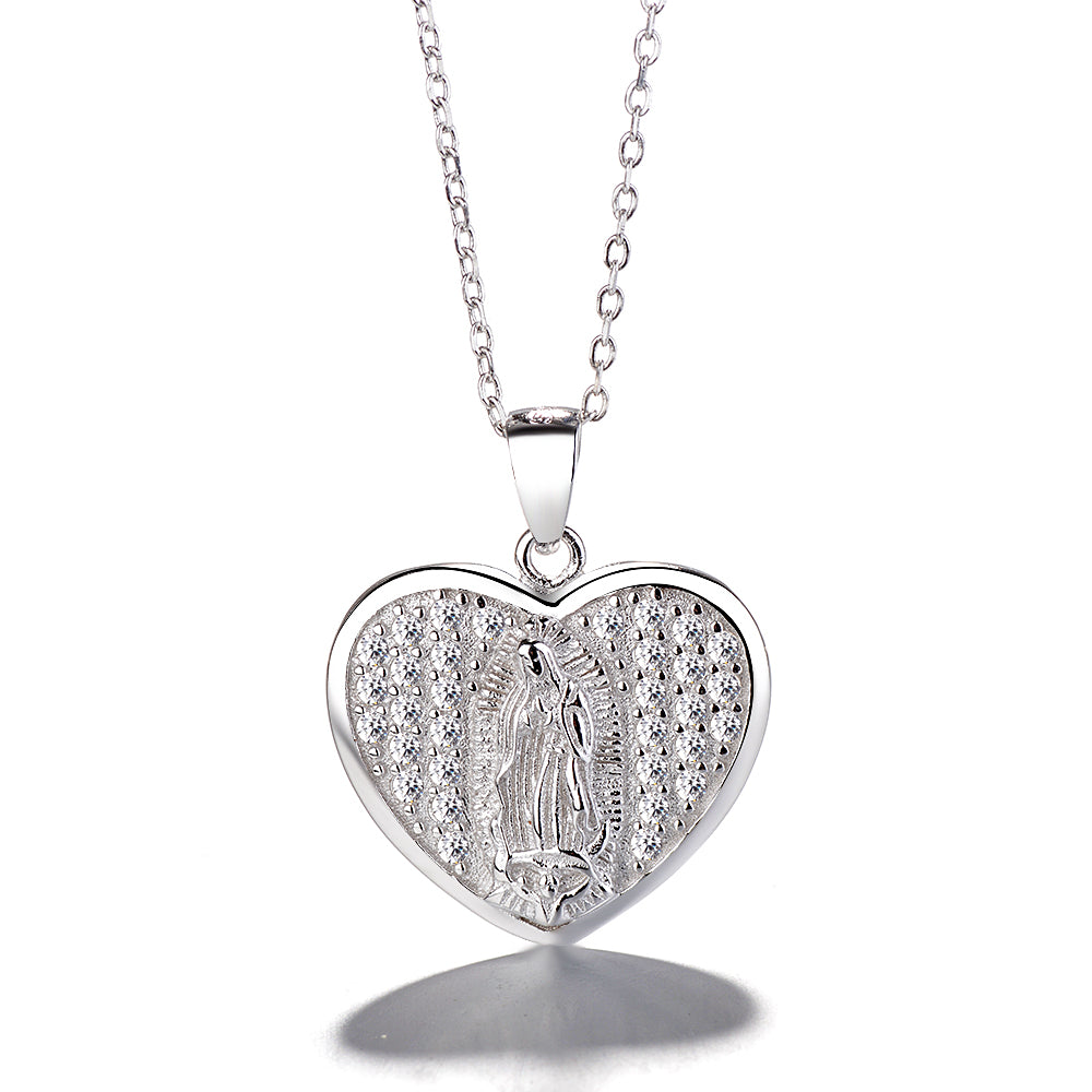 Sterling Silver Mother Mary Heart Pendant Necklace