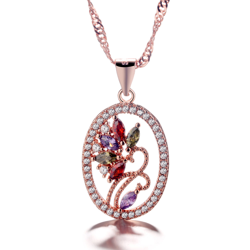 14K Rose Gold over Sterling Silver Multi Color Flower Pendant Necklace