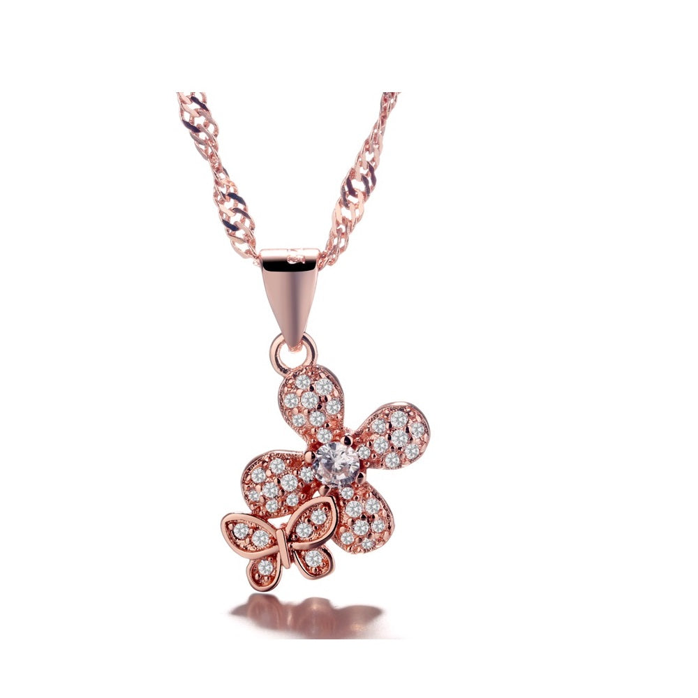 Sterling Silver & Genuine Crystal Butterfly on Flower Pendant Necklace