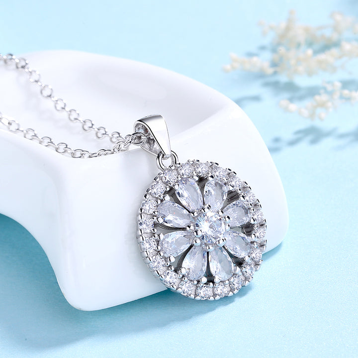 Sterling Silver Flower Halo Pendant Necklace with Swarovski Crystals
