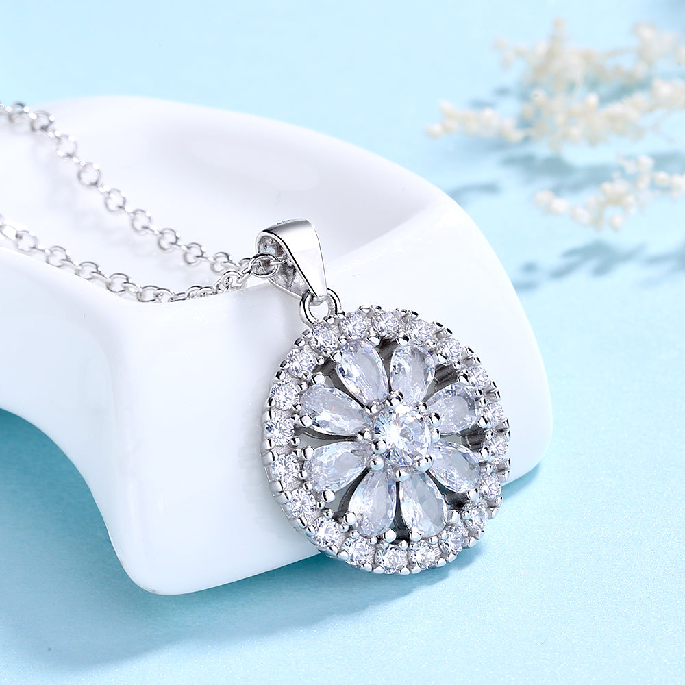 14K White Gold Flower Halo Pendant Necklace with Swarovski Crystals