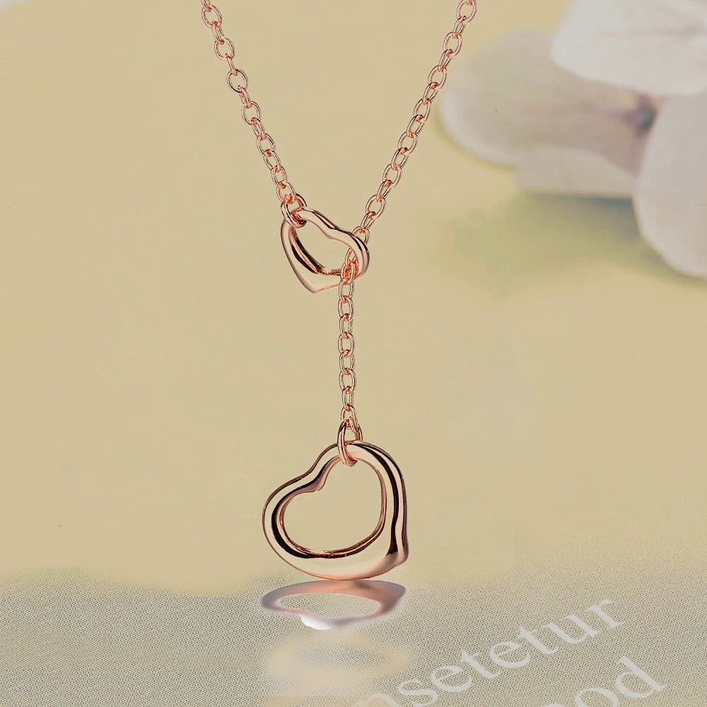 Sterling Silver Lariat Heart Pendant Necklace in Rose Gold