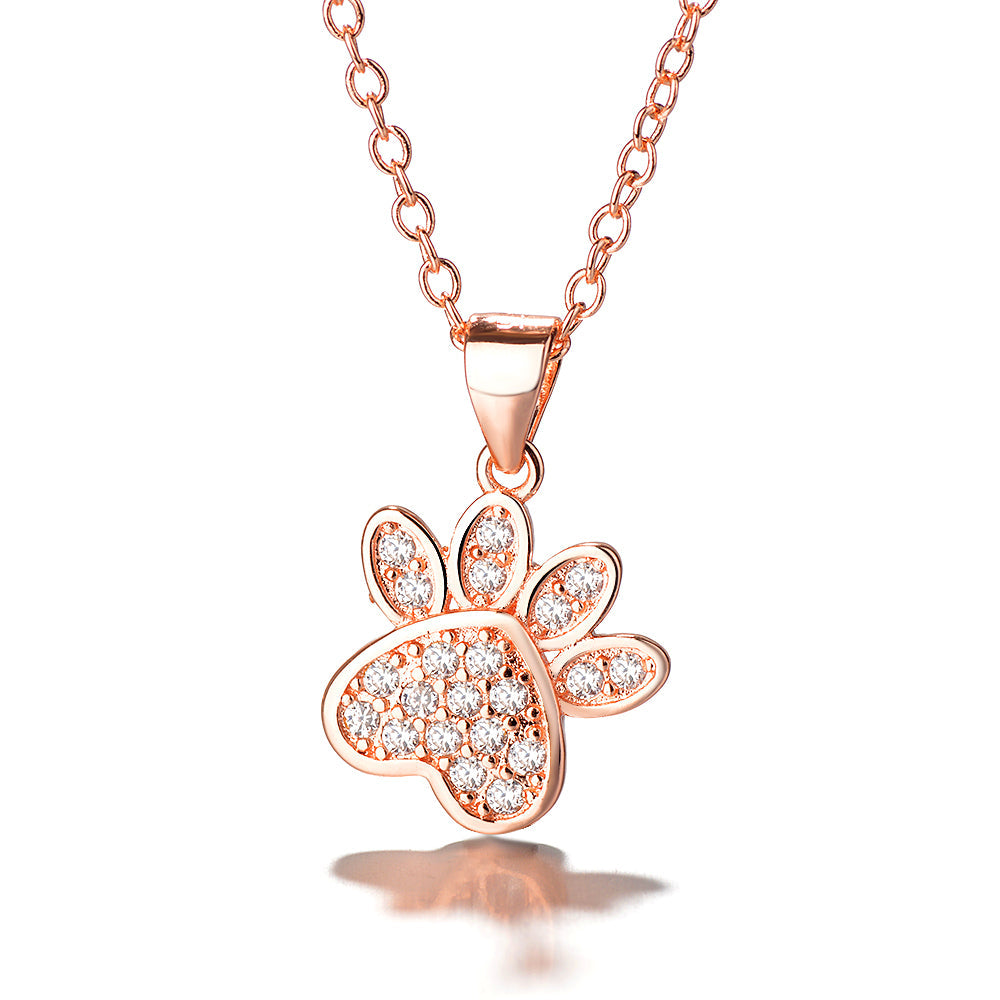 Rose Gold Over Sterling Silver Genuine Crystal Paw Pendant Necklace