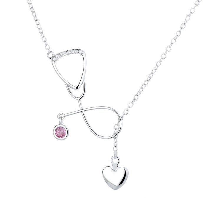 Sterling Silver and Crystal Stethoscope Heart Lariat Necklace