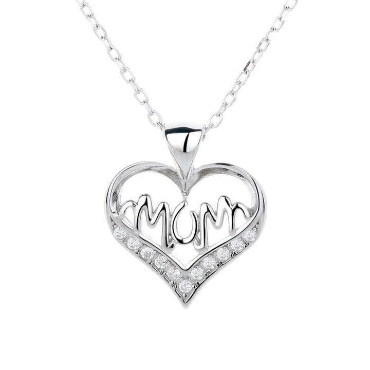 Sterling Silver Mom Heart Pendant Necklace with Swarovski Crystal