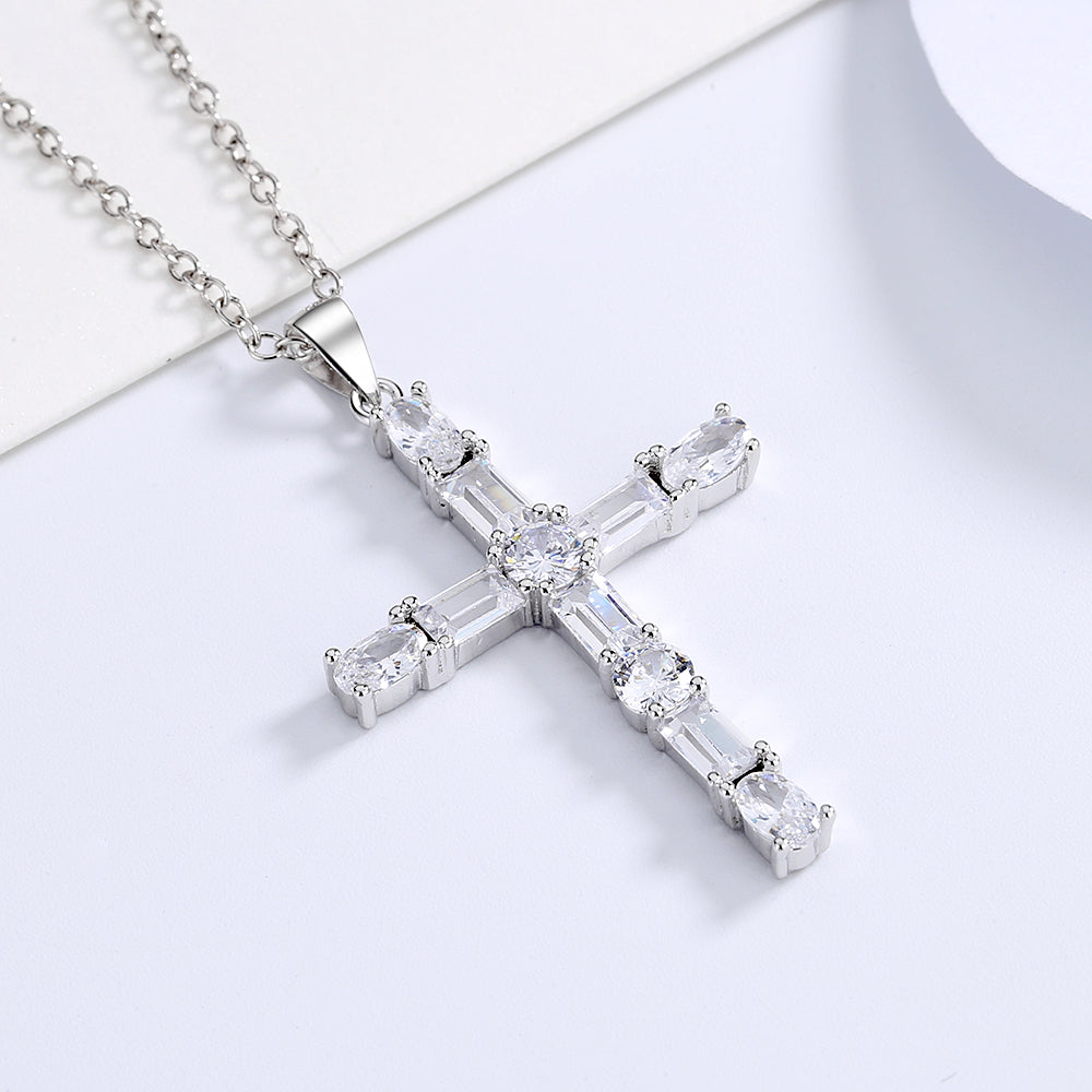 Sterling Silver Cross Pendant Necklace with Swarovski Crystal