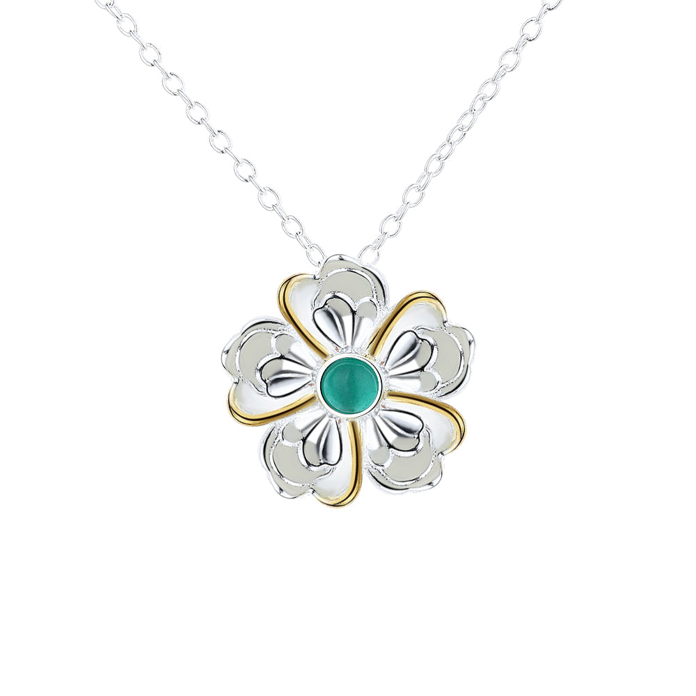 14K Gold and Sterling Silver Jade Peony Flower Pendant Necklace