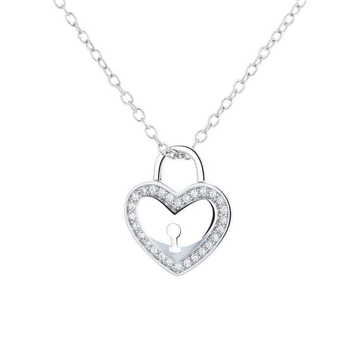 Sterling Silver Heart Lock Pendant Necklace with Swarovski crystals