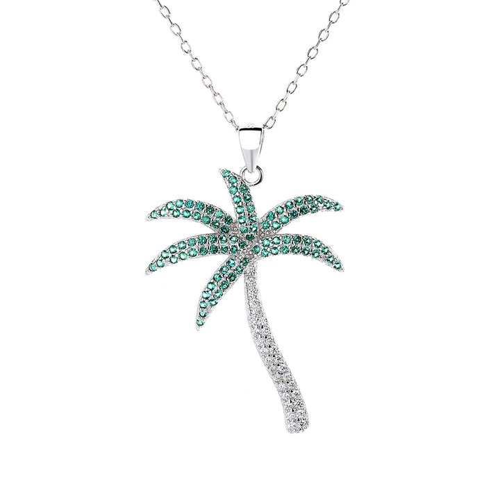 Sterling Silver Palm Tree with Genuine Crystals Pendant Necklace