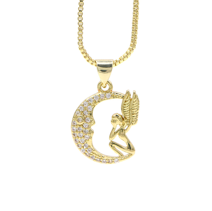 14K Gold Angel and Moon Pendant Necklace with Genuine Crystals