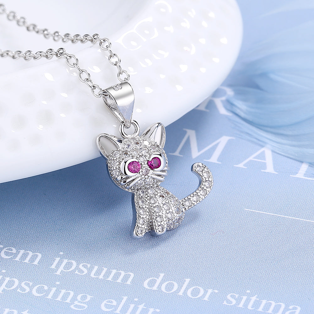 18K White Gold Pink Sapphire Plated Kitty Cat Pendant Necklace
