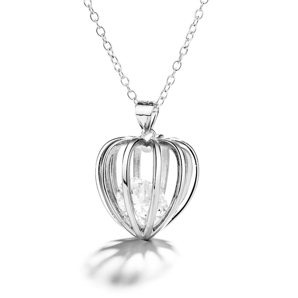 Sterling Silver Swarovski Crystal Heart Cage Pendant Necklace