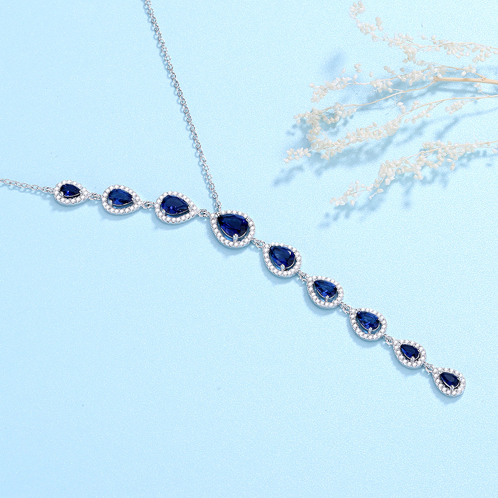 Sterling Silver Sapphire Water Drop Lariat Necklace