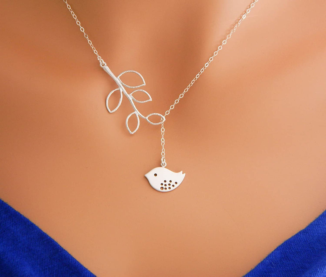 Sterling Silver Lariat Bird and Leaf Pendant Necklace