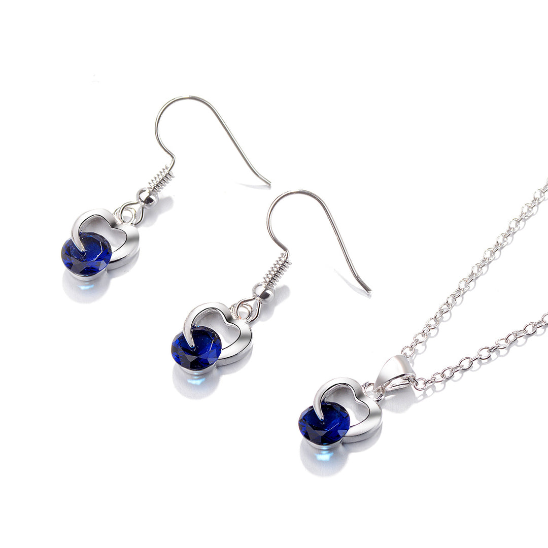 Sterling Silver Sapphire Heart Earring and Necklace Set