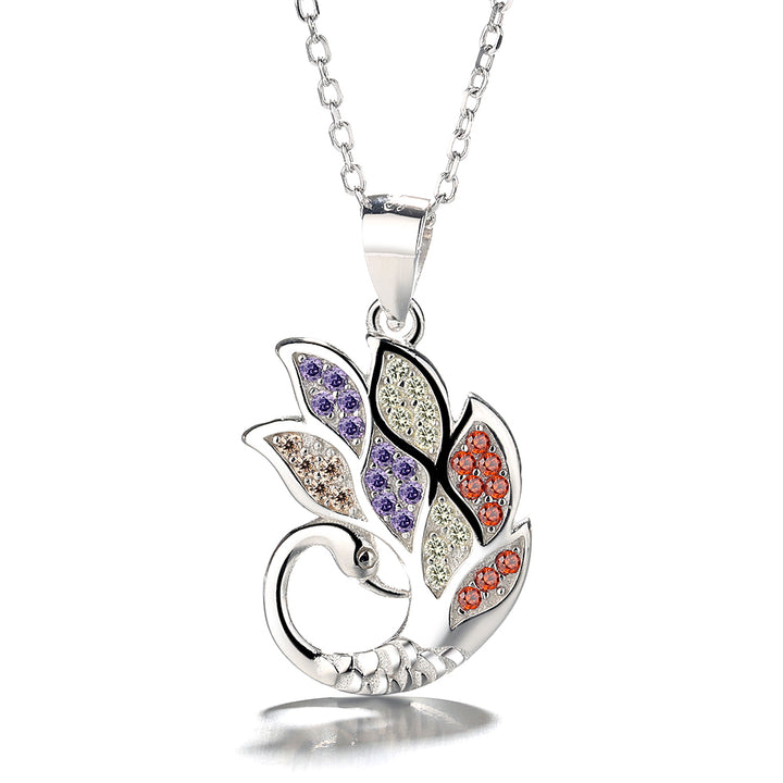 Sterling Silver Multi-Colored Genuine Crystal Swan Pendant Necklace