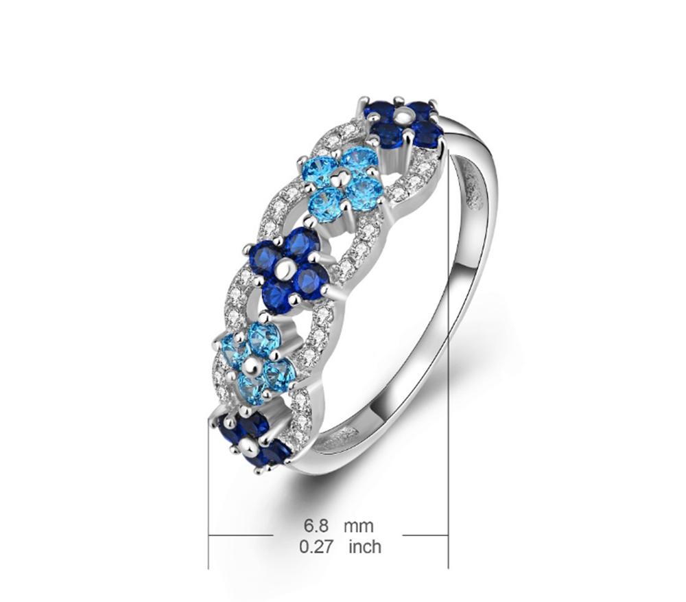 Blue Cubic Zirconia & Rhodium Band-of-Flowers Ring