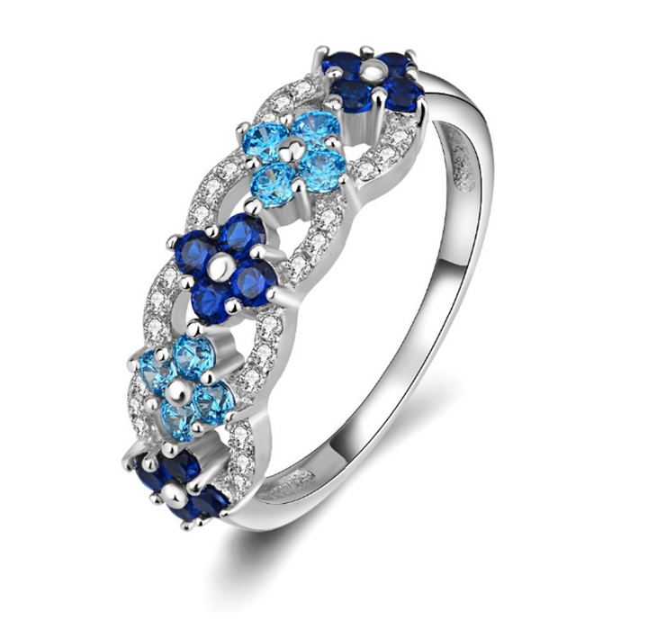 Blue Cubic Zirconia & Rhodium Band-of-Flowers Ring